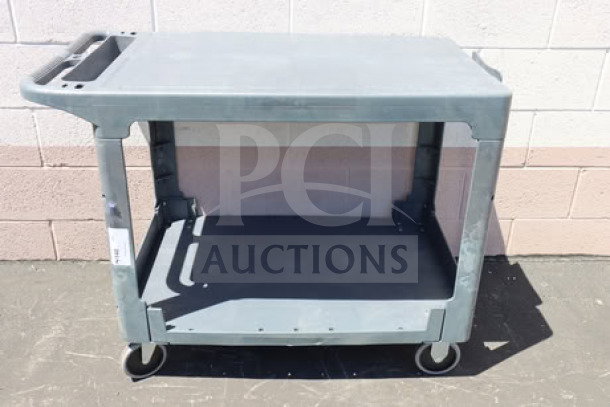 Brand new Lavex 2-shelf utility cart, model 475UCLG2FTGY, gray, flat top, tool compartment, minor scuffs, 44"x25.25"x32.25".