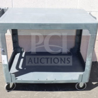Brand new Lavex 2-shelf utility cart, model 475UCLG2FTGY, gray, flat top, tool compartment, minor scuffs, 44"x25.25"x32.25".