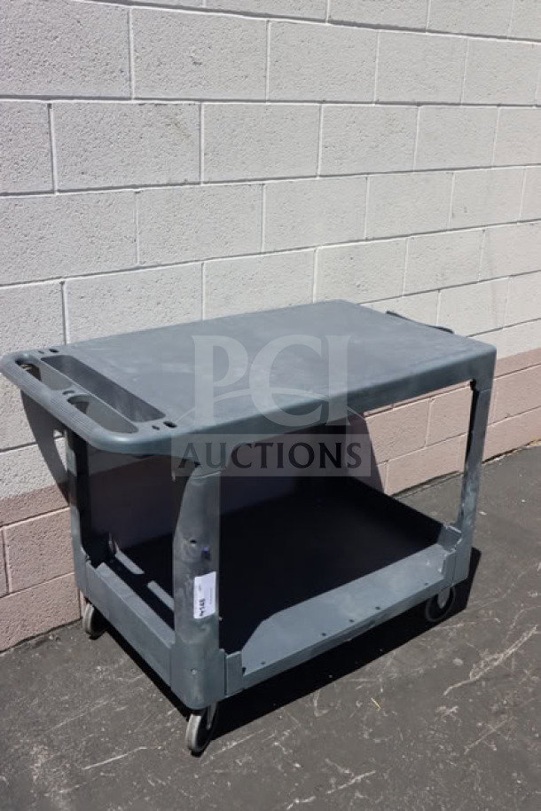 Lavex Large Gray 2-Shelf Utility Cart, model 475UCLG2FTGY, with flat top and tool compartment. New, minor scuffs.