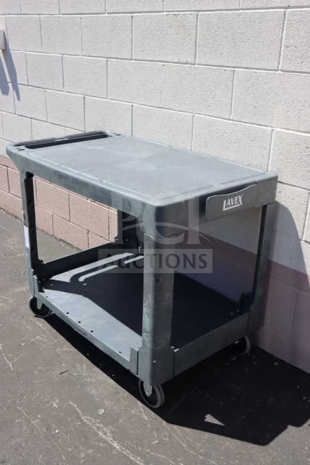 Lavex 2-Shelf Gray Utility Cart, model 475UCLG2FTGY, with flat top, built-in tool compartment, some scuffs, 44"x25.25"x32.25".