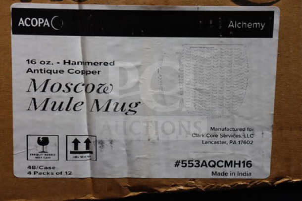 Acopa Alchemy label on box for 16 oz. Hammered Dark Antique Copper Moscow Mule Mugs, 48 per case, made in India.