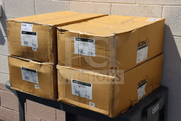 Four cases of Acopa Alchemy 16 oz. Hammered Dark Antique Copper Moscow Mule Mugs, 12 cups per case, labels visible.