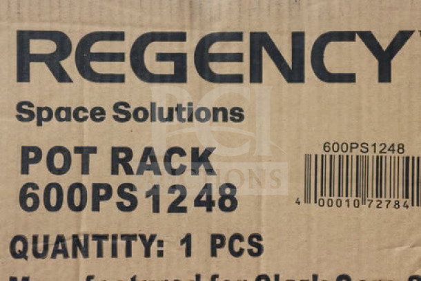 BRAND NEW Regency 600PS1248 stainless steel wall-mounted pot rack with shelf, 18 hooks; box slightly ripped.