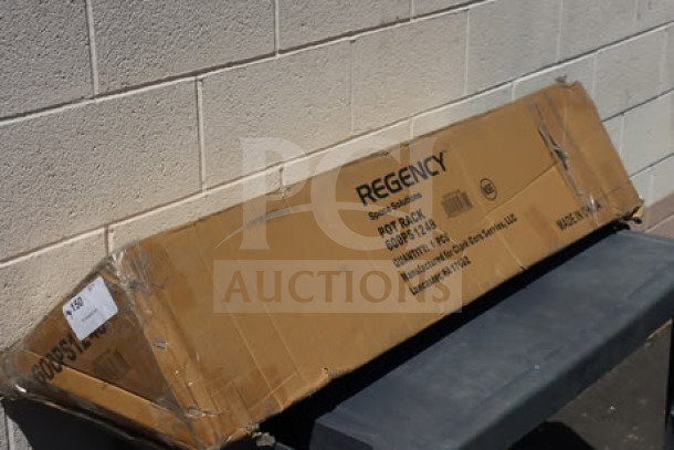 Regency 600PS1248 pot rack in box, stainless steel, 12"x48", shelf, 18 hooks; box slightly ripped.