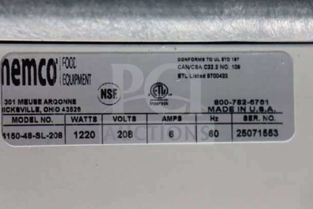 Nemco 6150-48-SL infrared strip warmer label, showing NSF certification, 1220W, 208V, S/N 25071553, made in USA.