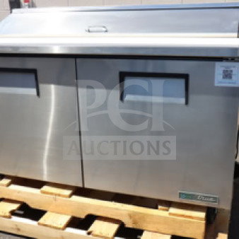 True TSSU-60-16-HC refrigerated sandwich prep table, brand new scratch-n-dent, powered on, dual doors, on pallet.