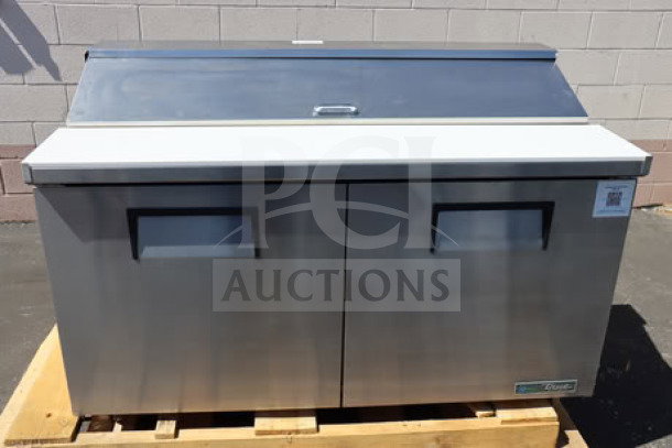 Brand new True TSSU-60-16-HC refrigerated sandwich prep table; 60 3/8", 2 doors, tested, powers on, emits cold air.
