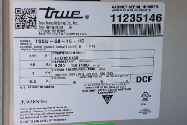 True TSSU-60-16-HC Sandwich Prep Table label showing model, serial number 11235146, specifications, and warnings.
