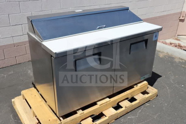 Brand new True TSSU-60-16-HC refrigerated sandwich prep table, 2 doors, stainless steel, tested, scratch-n-dent condition.