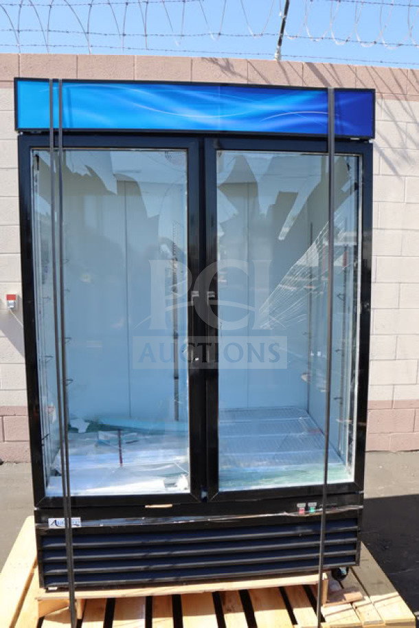 Avantco GDC-49-HC 53" black glass door merchandiser refrigerator with LED lighting. New, working, damaged glass doors.