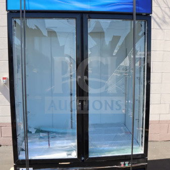 Avantco GDC-49-HC 53" black glass door merchandiser refrigerator with LED lighting. New, working, damaged glass doors.