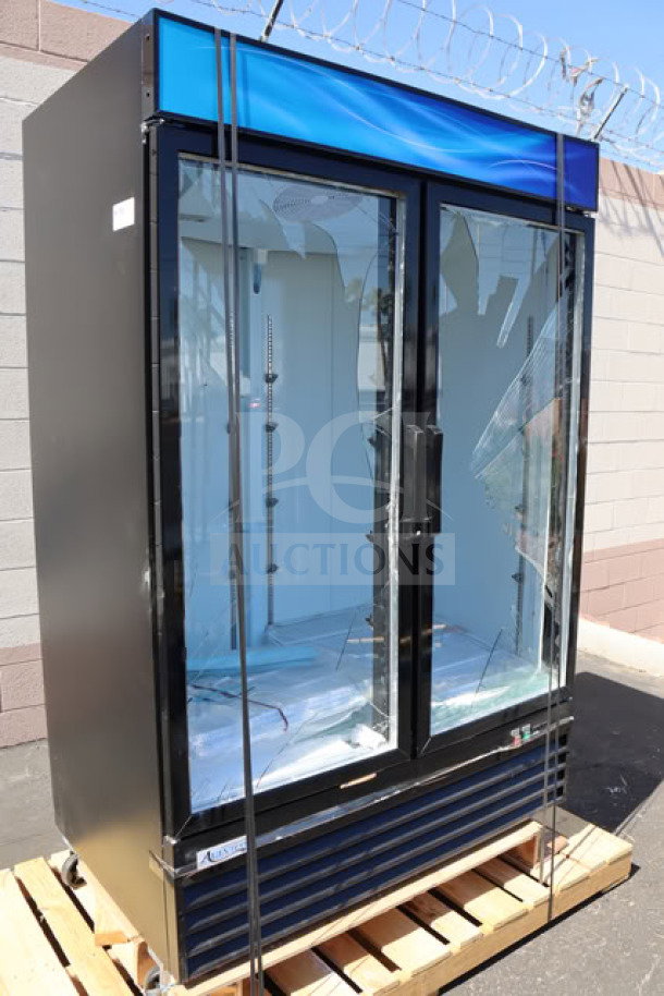 Avantco GDC-49-HC 53" black merchandiser refrigerator, LED lighting, glass damaged on both doors, unit in working order.