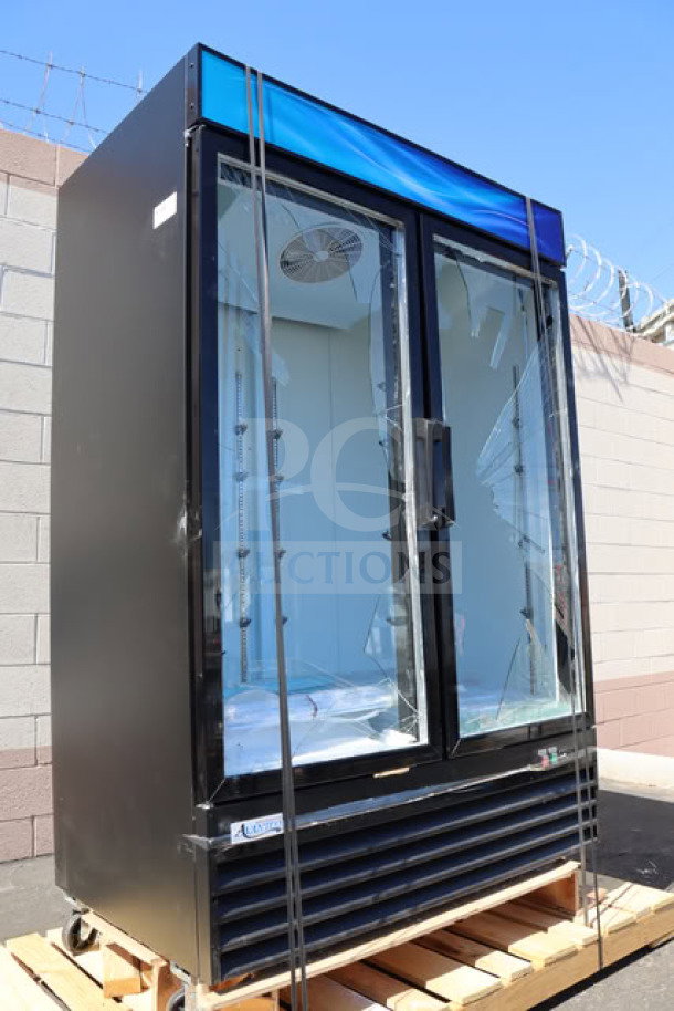 Avantco GDC-49-HC 53" black merchandiser fridge, LED lighting, damaged glass on both doors, 115V, on wooden pallet.