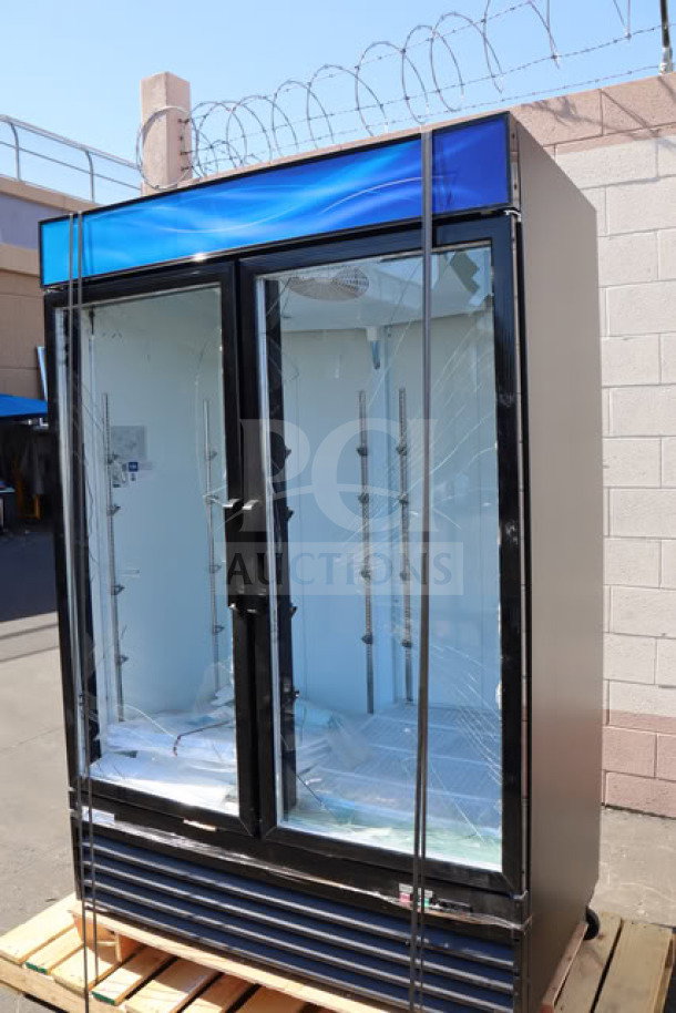 Avantco GDC-49-HC 53" black glass door merchandiser fridge, LED lighting, damaged glass, new, S/N: 028100739 6220 2505.