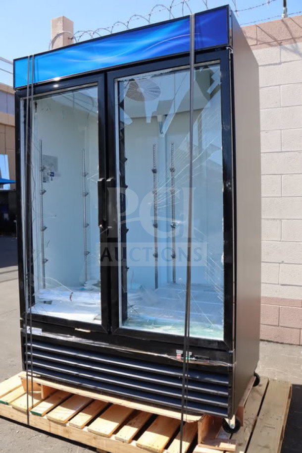 Avantco GDC-49-HC 53" Black Merchandiser Fridge, new, LED lighting, glass doors damaged, 115V, 6A, on pallet.