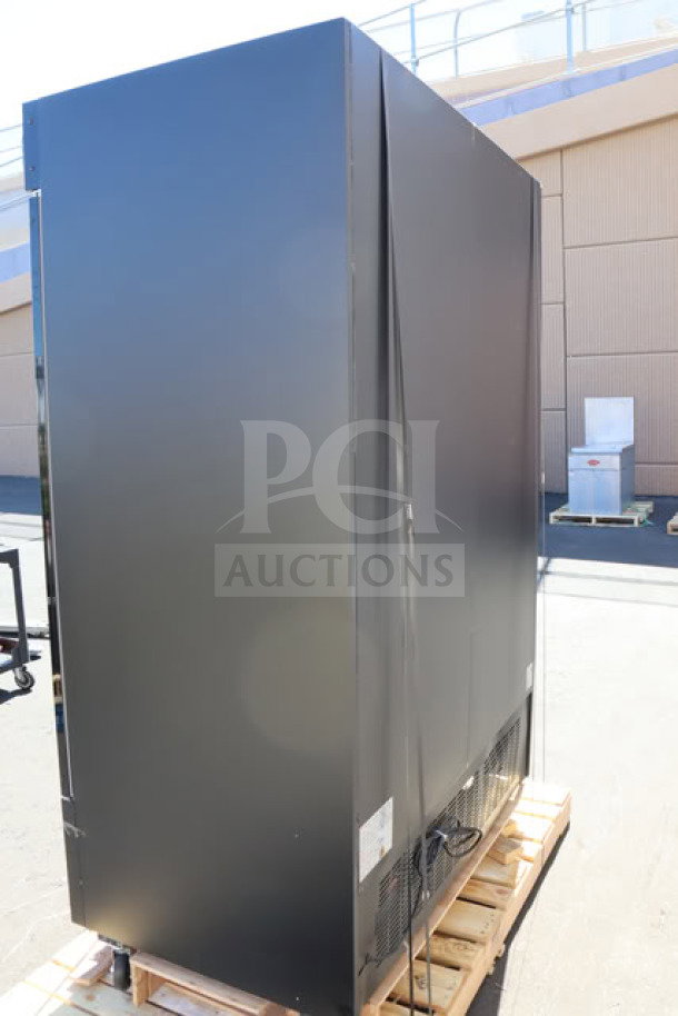 Avantco GDC-49-HC black merchandiser refrigerator, 53", LED lighting, 115V, 6A, in working order, damaged glass doors.