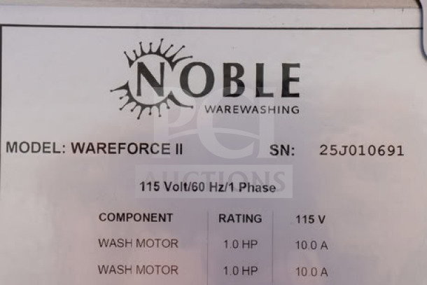 Noble WAREFORCE II low temp dishwasher label, 115V, serial 25J010691, component ratings, minor wear possible.