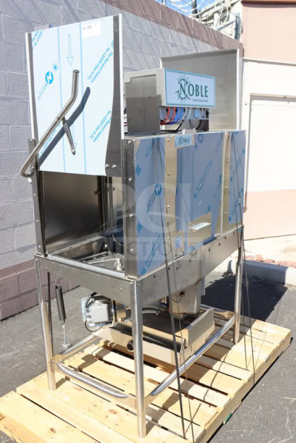 Brand new Noble WAREFORCE II dishwasher, double rack, low temp, 115V. Minor scratches, easy access front panel, model visible.