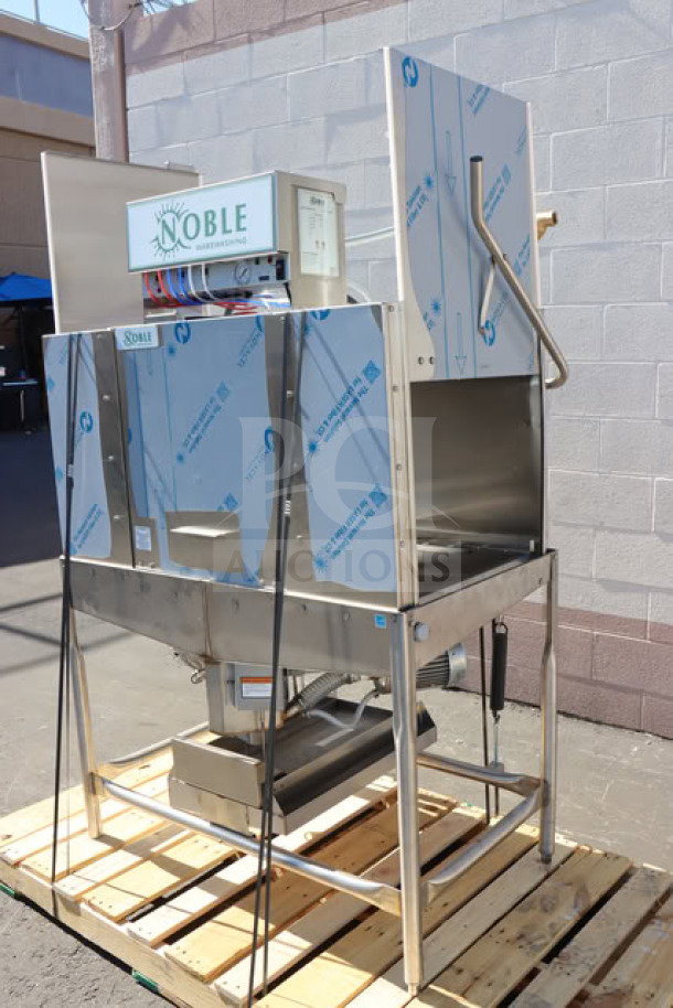 Noble WAREFORCE II double rack dishwasher, 115V, new condition, minor scuffs. Features front panel, dual rack capacity.