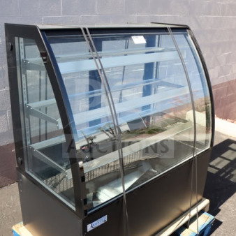 Avantco BCTD-48 curved glass dry bakery display case, 48", black, 3 shelves, LED lighting, brand new scratch-n-dent condition.