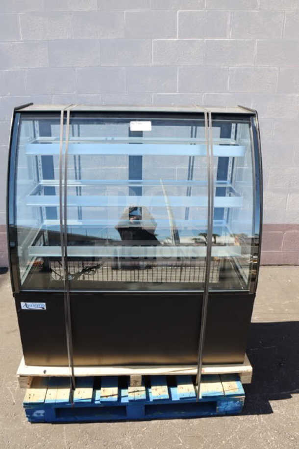 BRAND NEW Avantco BCTD-48 48" black 3-shelf curved glass bakery display case with LED lighting, 115V, scratch-n-dent.