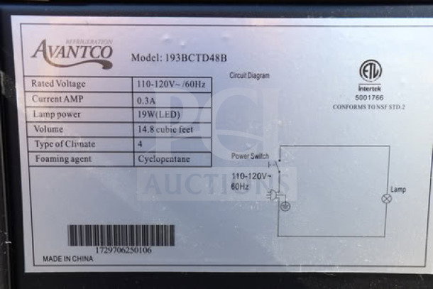 Avantco BCTD-48 bakery display case label, showing model, voltage, amp, and climate info. Serial number: 1729706250106.