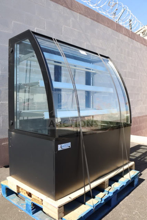 Brand new Avantco BCTD-48 48" bakery display case, black, 3-shelf, curved glass, LED lighting, 115V, scratch-n-dent.