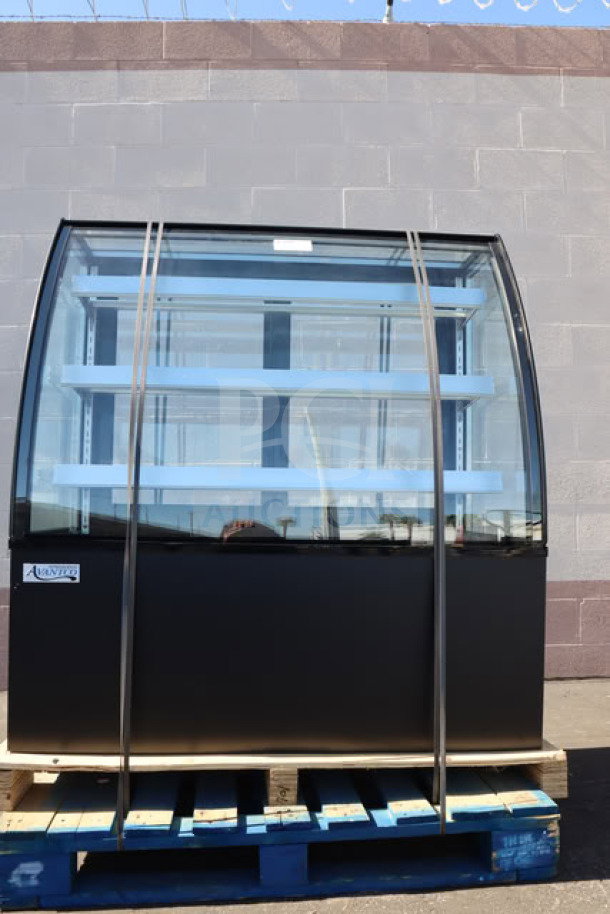 Brand new Avantco BCTD-48 bakery display case, 48", black, 3-shelf, curved glass, LED lighting, model tag visible.