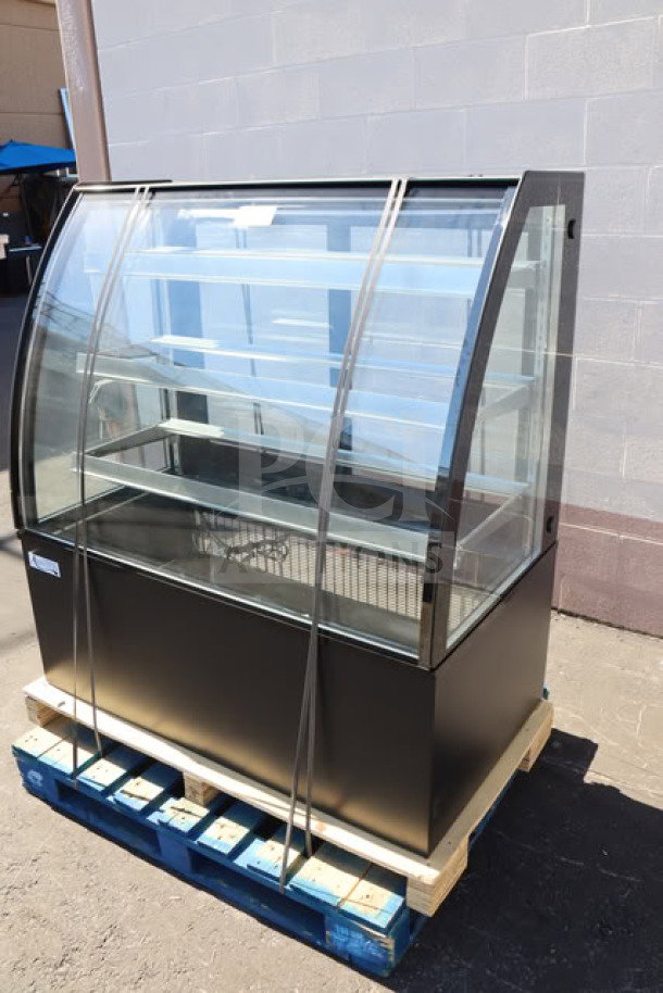 Brand new Avantco BCTD-48 48" black bakery display case with curved glass, 3 shelves, LED lighting; minor scratches.