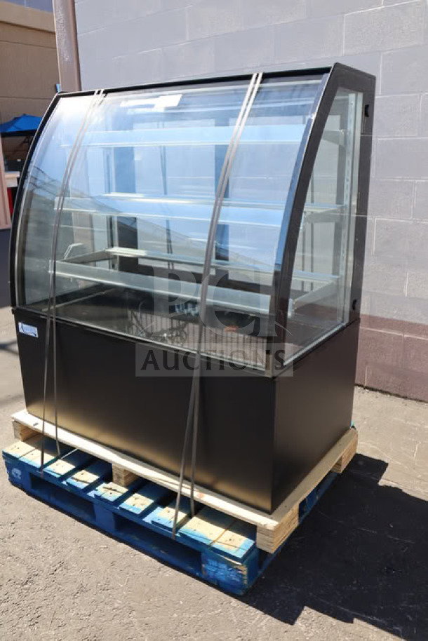 Brand new Avantco BCTD-48 48" black 3-shelf curved glass bakery display case with LED lighting, 115V, on pallet.
