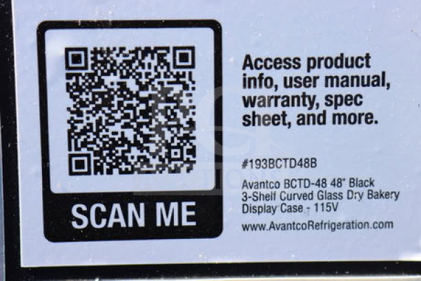 QR code label for Avantco BCTD-48 48" Black 3-Shelf Curved Glass Dry Bakery Display Case with LED lighting.