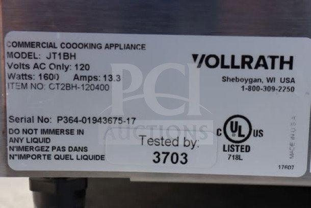BRAND NEW Vollrath CT2BH-120400 JT1BH conveyor toaster, 2 1/2" opening, 120V, 1600W, Serial P364-01943675-17, UL listed.
