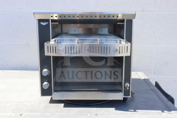 "Brand new Vollrath CT2BH-120400 JT1BH conveyor toaster, 120V, 1600W, 2 1/2" opening, scratch-n-dent condition, serial P364-01943675-17."