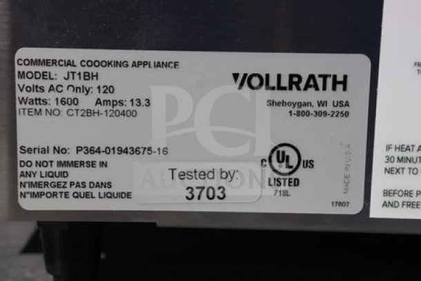 BRAND NEW Vollrath CT2BH-120400 JT1BH Conveyor Toaster, 120V, 1600W, Serial No: P364-01943675-16, UL listed label shown.