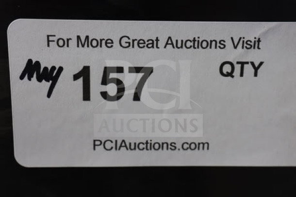 Sticker on Vollrath CT2BH-120400 JT1BH conveyor toaster with auction info, including item number 157 and website link.