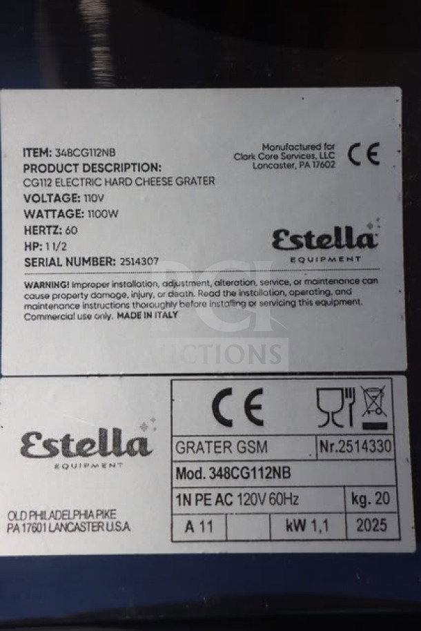 BRAND NEW Estella CG112NB Electric Hard Cheese Grater, 110V, 1 1/2 hp, 3.3 lb/min, S/N: 2514330, labels shown.