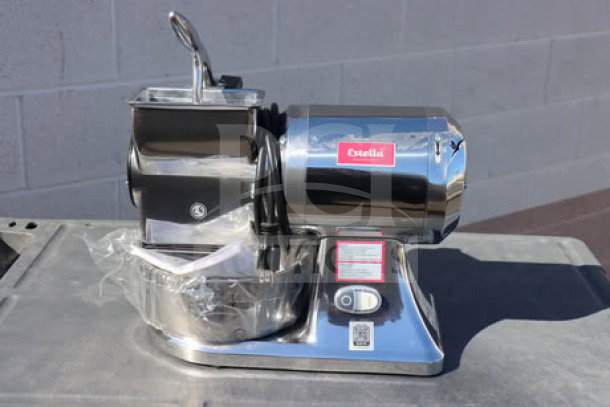 Brand new Estella CG112NB electric cheese grater, 3.3 lb/min, 1 1/2 hp, 110V, stainless steel, minor scratches.