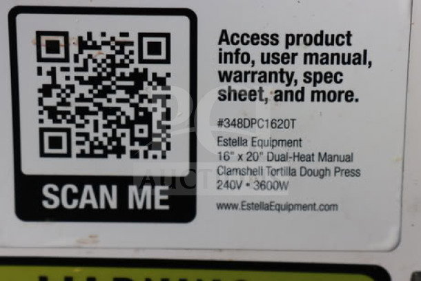QR code label for Estella DPC1620T 16" x 20" Dual-Heat Manual Clamshell Tortilla Dough Press, 240V, 3600W.