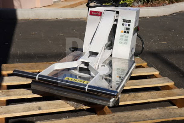 BRAND NEW Estella DPC1620T 16" x 20" dual-heat manual clamshell tortilla dough press, 240V, 3600W, on pallet.