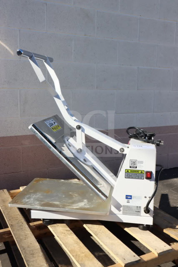 Brand new Estella DPC1620T 16"x20" dual-heat clamshell tortilla press, 240V, 3600W, shown on a wooden pallet.