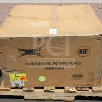 BRAND NEW Regency 600SM242412 stainless steel mop sink, 24"x24"x12" bowl, original packaging damaged, on a pallet.