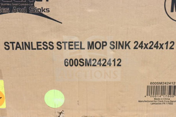 BRAND NEW Regency 600SM242412 stainless steel mop sink, 24"x24"x12" bowl, original packaging damaged.