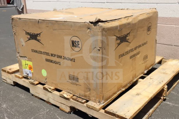 Regency 600SM242412 stainless steel mop sink, 24"x24"x12" bowl, in damaged original box on wooden pallet.