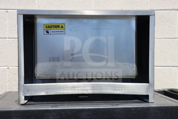 Brand new Steelton 522MS162012 25" mop sink, 18 gauge 304 stainless steel, 20"x16"x12" bowl, caution label visible.