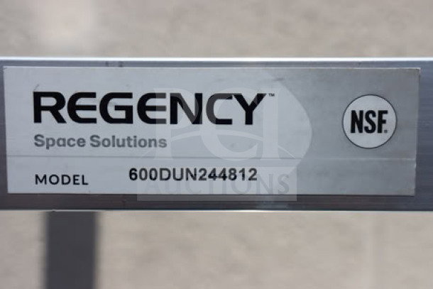 Regency 600DUN244812 Aluminum Dunnage Racks label, NSF certified, showing model number.