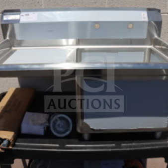 Brand new Steelton 522CS11818L commercial sink, one compartment, 38 3/4", with 18" left drainboard, visible tags.