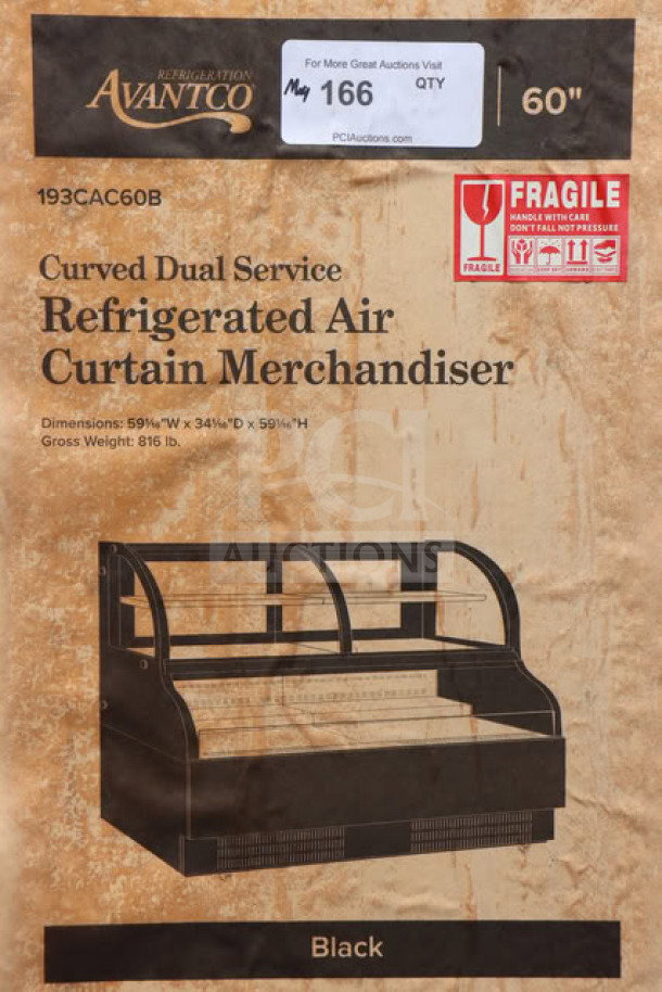 Avantco CAC-60 curved dual service refrigerated air curtain merchandiser, 59"W x 34 1/8"D x 59"H, glass shattered, new.