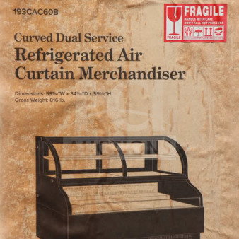 Avantco CAC-60 curved dual service refrigerated air curtain merchandiser, 59"W x 34 1/8"D x 59"H, glass shattered, new.