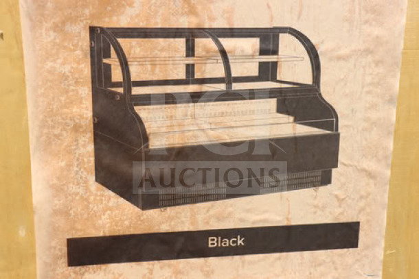 Brand new Avantco CAC-60 59 1/8" black curved refrigerated air curtain merchandiser with shattered glass.
