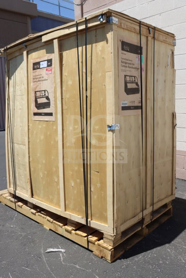 Crated Avantco CAC-60 refrigerated air curtain merchandiser, brand new, glass shattered, packaging labels visible.